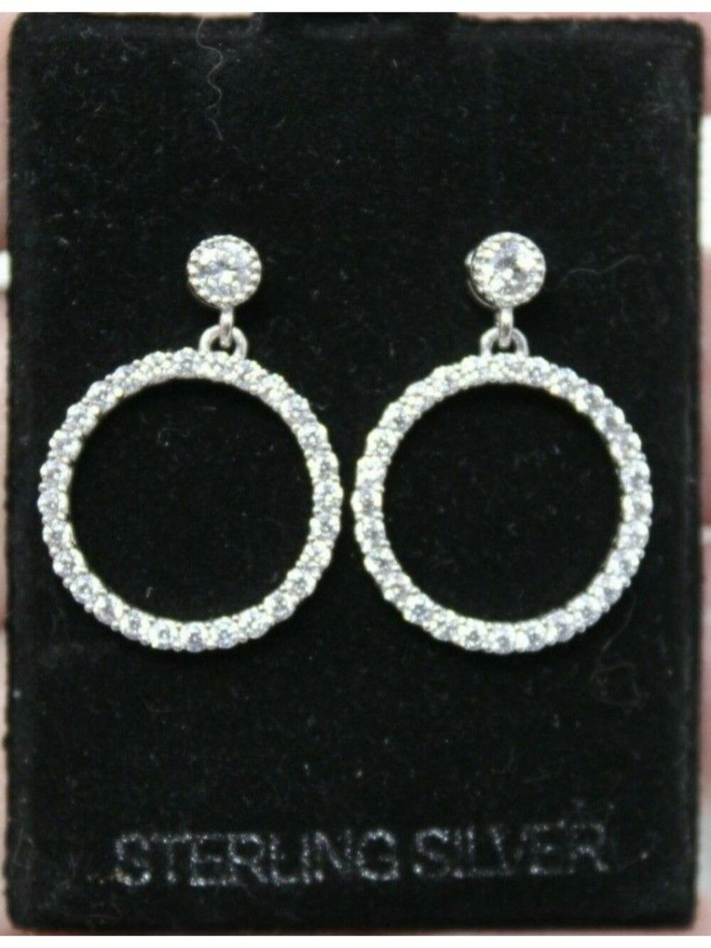 Sterling Silver & CZ Circle Dangle Earrings Rhodium Plated Marked 925 New #G10